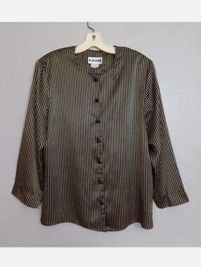 JOAN LESLIE Satin Sheen Black Gold Striped Vintage 80s Padded Button Front Top